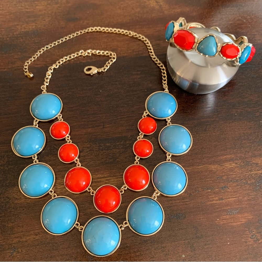 Red and Turquoise Statement Necklace and Bracelet Set